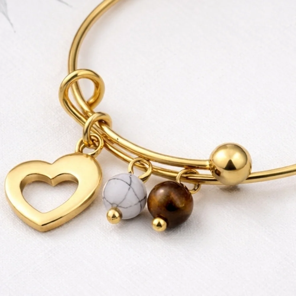 18K Gold Boho Wire Bangle Heart Tiger Eye Magnesite Cottagecore Fairycore Zen